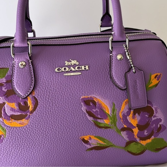 NWT Coach Rowan Satchel With Rose Print/ Refined Pebble Leather/Purple - Picture 4 of 10